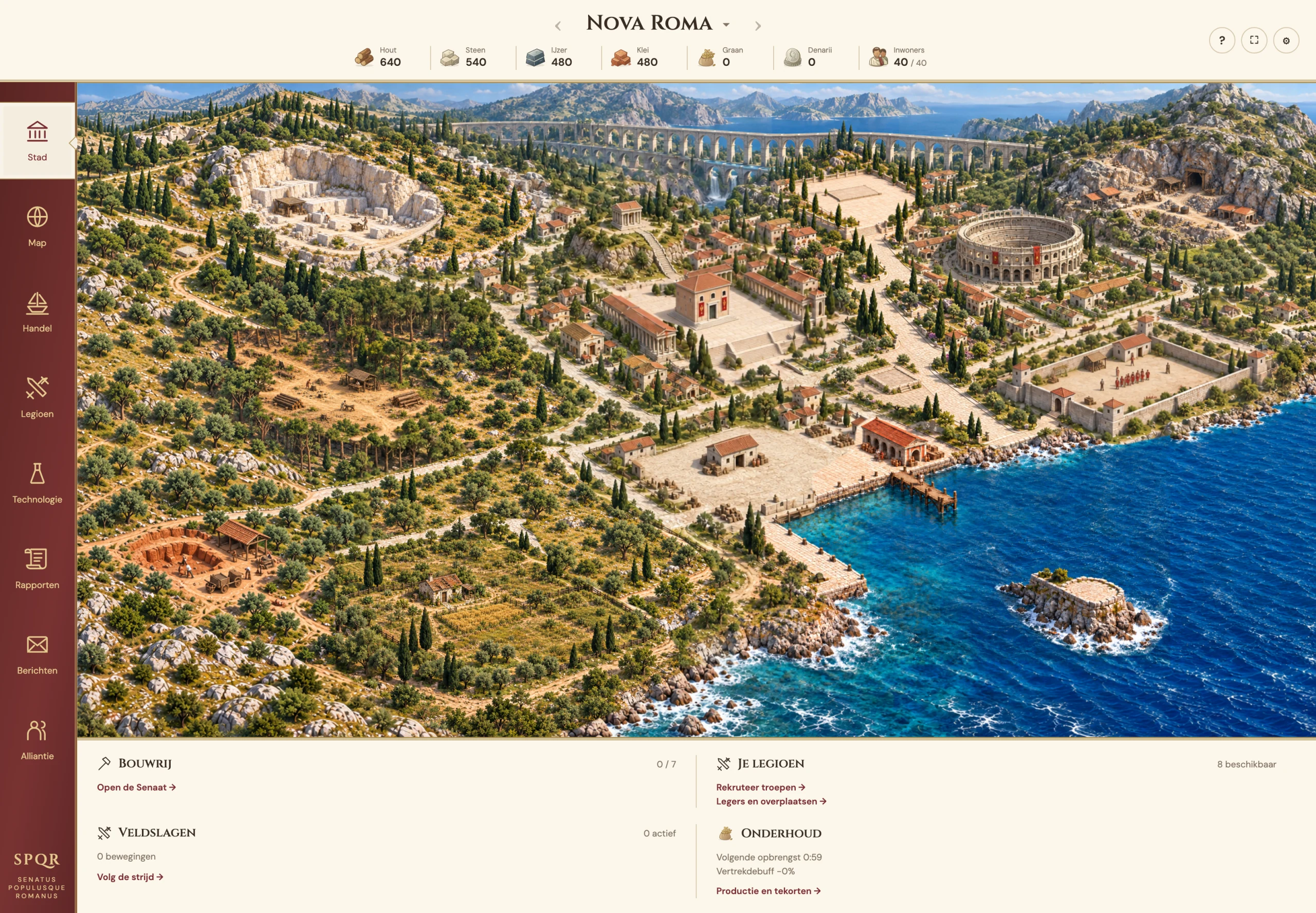 De volledige stadsinterface van Nova Roma, met zijmenu, grondstoffen en stadsbeheer.